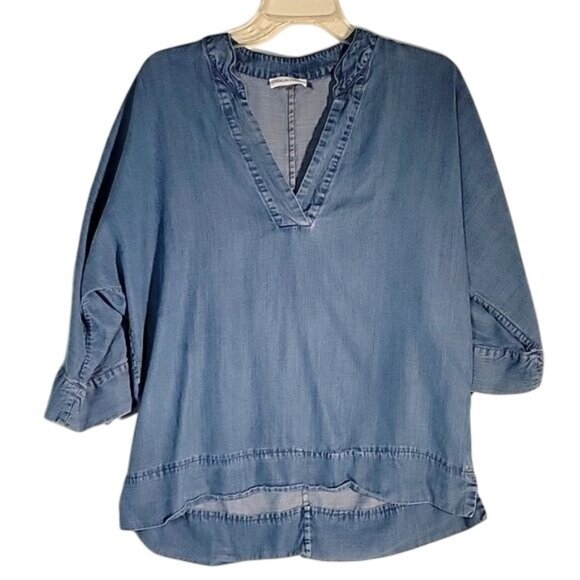 Calvin Klein‎ Womens Light Blue Denim Tunic Top W/ V-Neck & 3/4 Sleeves Size S - Picture 1 of 5
